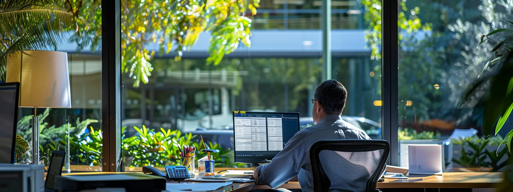 a commercial property owner carefully reviewing insurance policy documents at a desk surrounded by comparison charts and insurance quotes, reflecting determination and attention to detail in choosing the right coverage.