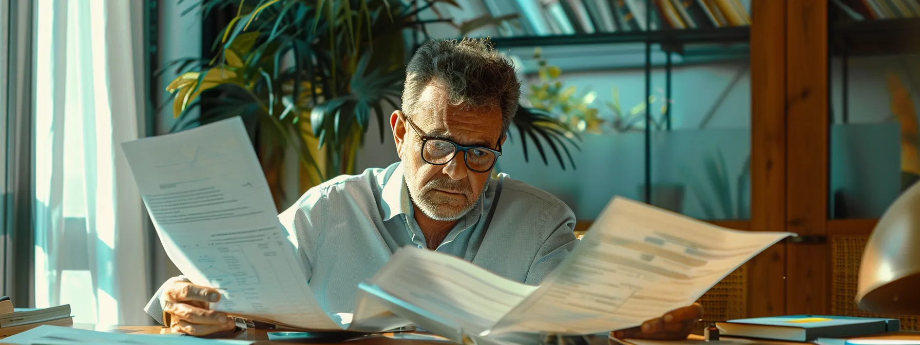 a confident property owner reviewing insurance policies surrounded by legal documents and risk assessment reports in a well-lit office setting.