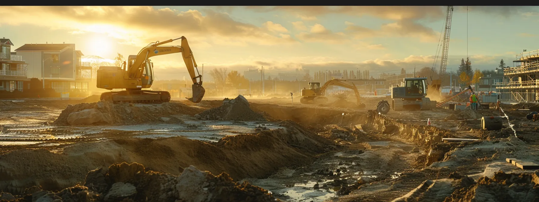 a construction site with architects and plumbers working on clearing land for site preparation, surrounded by infrastructure challenges and utility connection fees looming in the background.