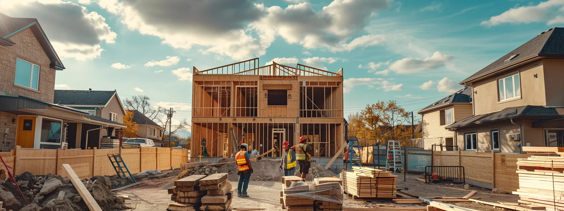 a construction site with workers framing the house, surrounded by stacks of building materials and tools.