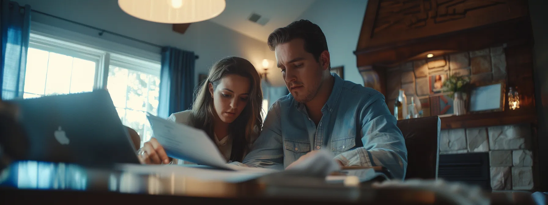 a couple carefully comparing housing market data with a determined expression on their faces as they plan to buy a home within their $100k salary budget.