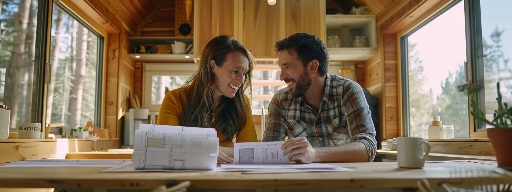 a couple smiling as they review financial documents and blueprints while planning to build their dream tiny house.