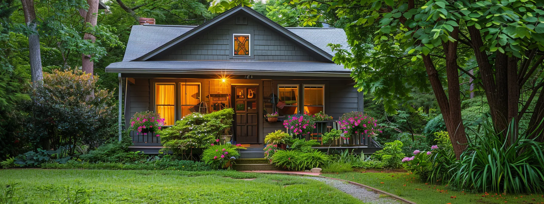 a cozy bungalow style house with a spacious front porch, surrounded by lush green trees and colorful flowers, embodying the charm and tranquility of single-story living.