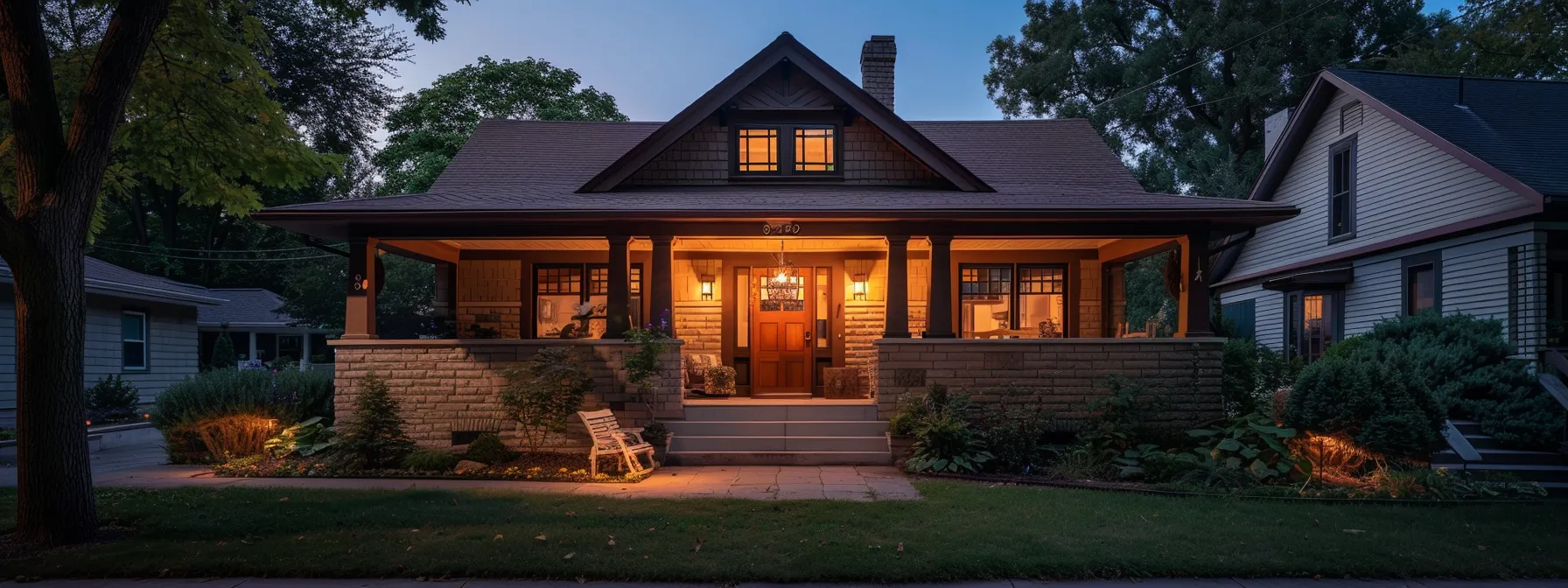 a cozy bungalow with a wide front porch, low-pitched roof, and large windows showcasing its classic craftsman style charm.