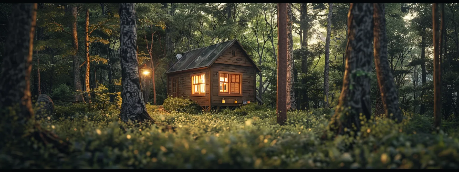 a cozy, minimalist tiny house nestled in a serene forest setting.