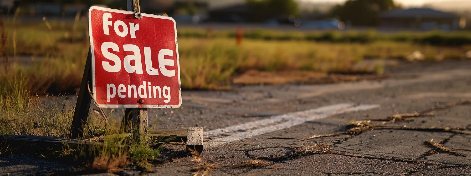 a "for sale" sign in front of an empty lot with the word "pending" in bold red letters.