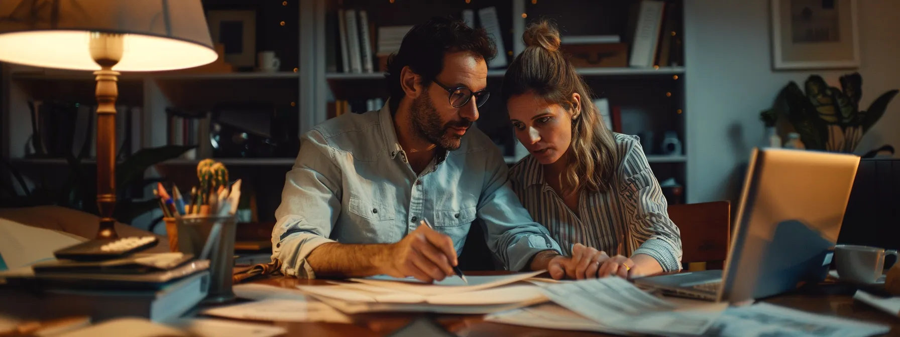 a frustrated couple looking through paperwork at a cluttered desk, surrounded by documents related to a failed real estate contract, with a sense of determination to navigate the next steps.