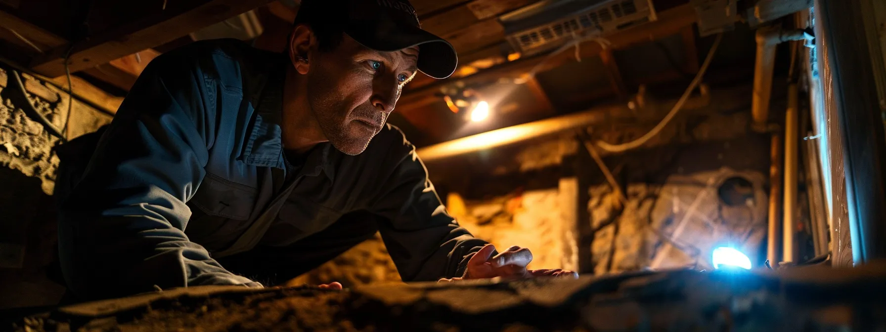 a home inspector examining a cracked foundation in a dimly lit basement, with a concerned buyer looking on anxiously.