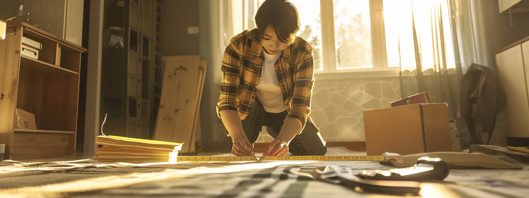 a homeowner confidently measuring a room with a tape measure while surrounded by a stack of diy tools and a folder of contractor estimates.