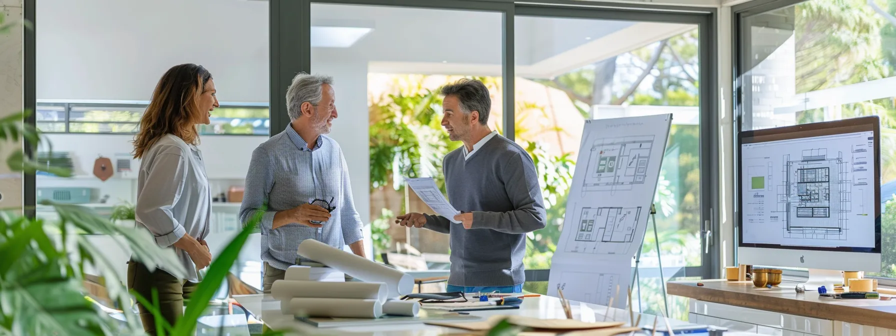 a homeowner discussing blueprints with a team of professionals in a bright, spacious room filled with design samples and contractor tools.