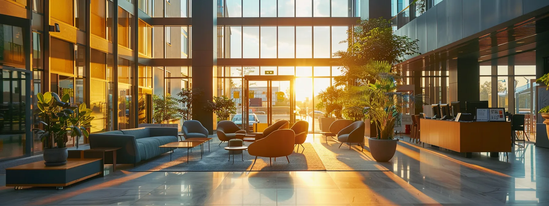 a modern commercial building with sleek, sturdy furniture and bustling activity inside, illuminated by bright sunlight filtering through large windows, showcasing the importance of commercial landlord insurance.