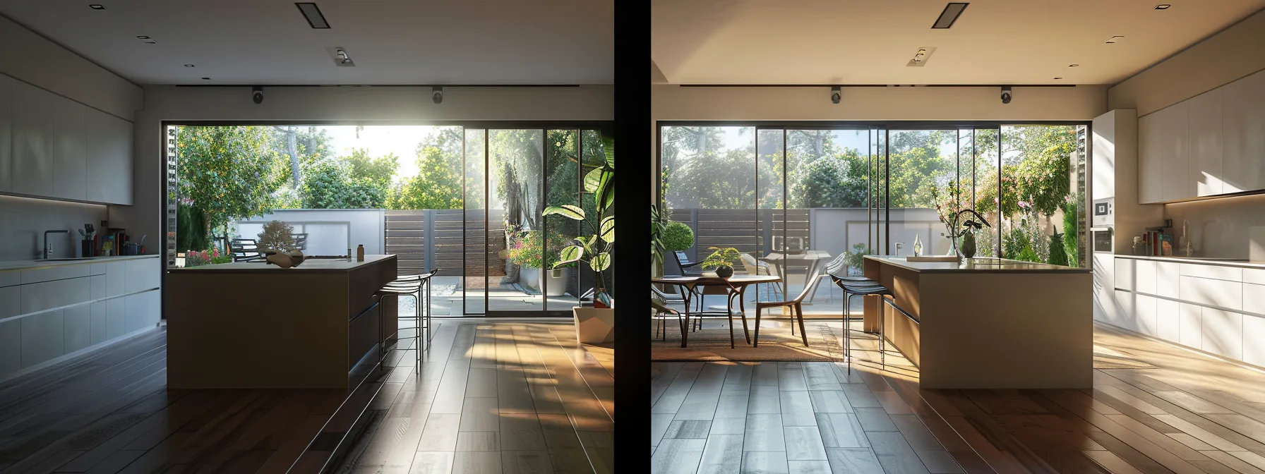 a modern kitchen extension featuring a sleek island, floor-to-ceiling windows, and minimalist decor.