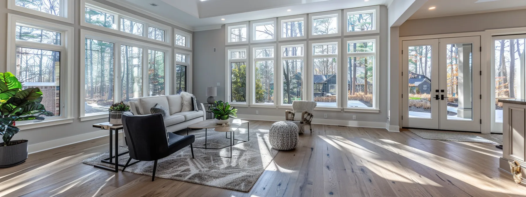 a modern, spacious new room seamlessly integrated into an existing home, with large windows flooding the space with natural light.