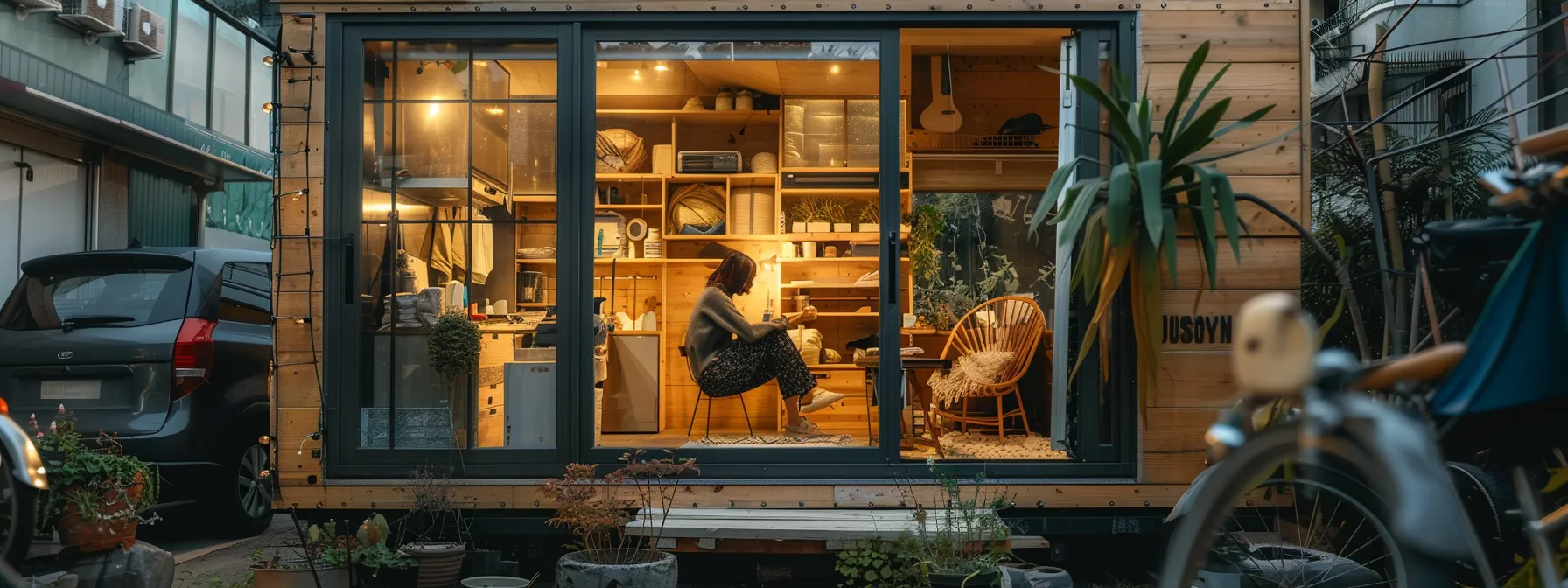 a person carefully selecting affordable, sustainable materials for their tiny house build.