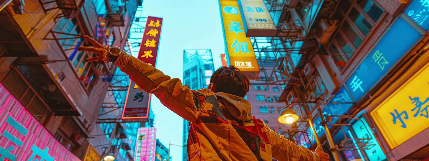 a person happily exploring different living spaces with colorful rental signs in a vibrant, bustling city setting.