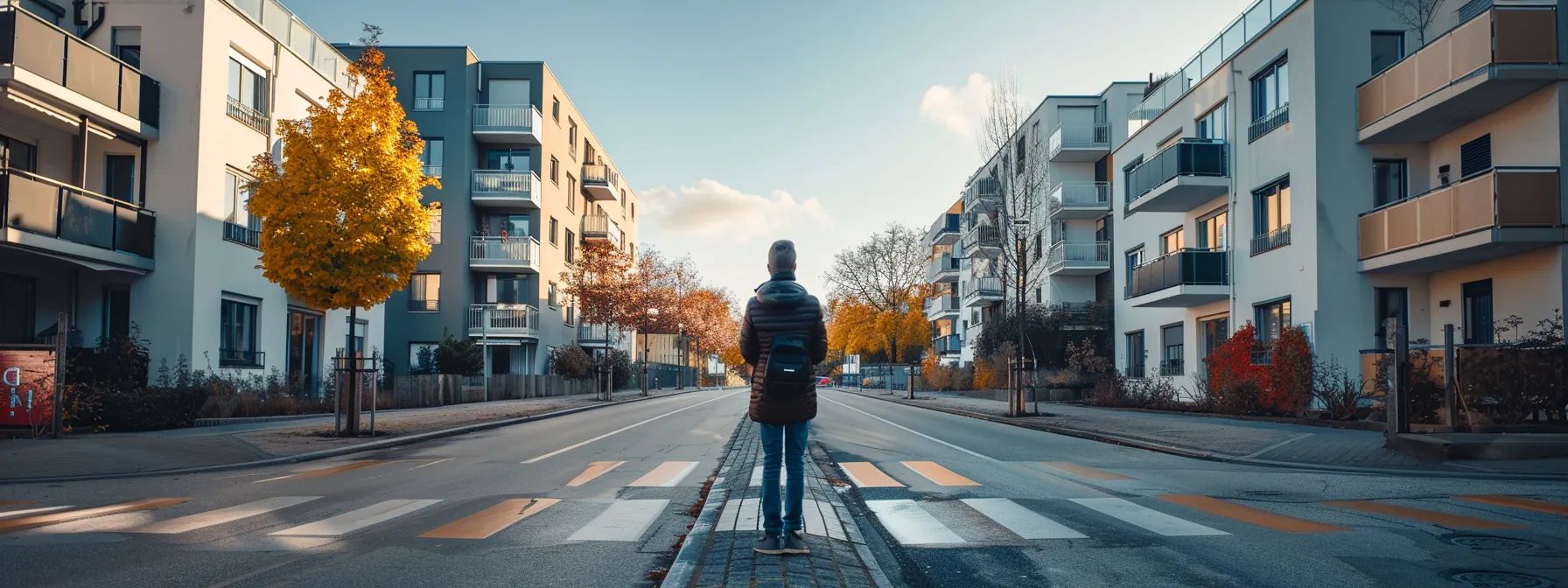 a person standing at a crossroad, with one path leading to a modern apartment building and the other to a cozy suburban house, symbolizing the decision-making process when choosing the housing option that fits best.