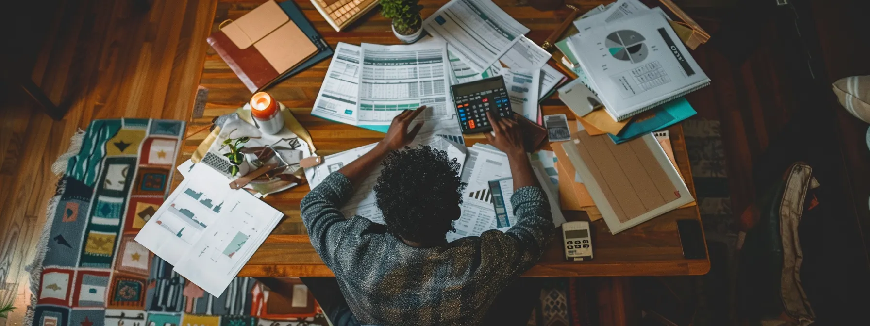 a person surrounded by financial documents, calculator, and a vision board planning for homeownership on a $100k salary.