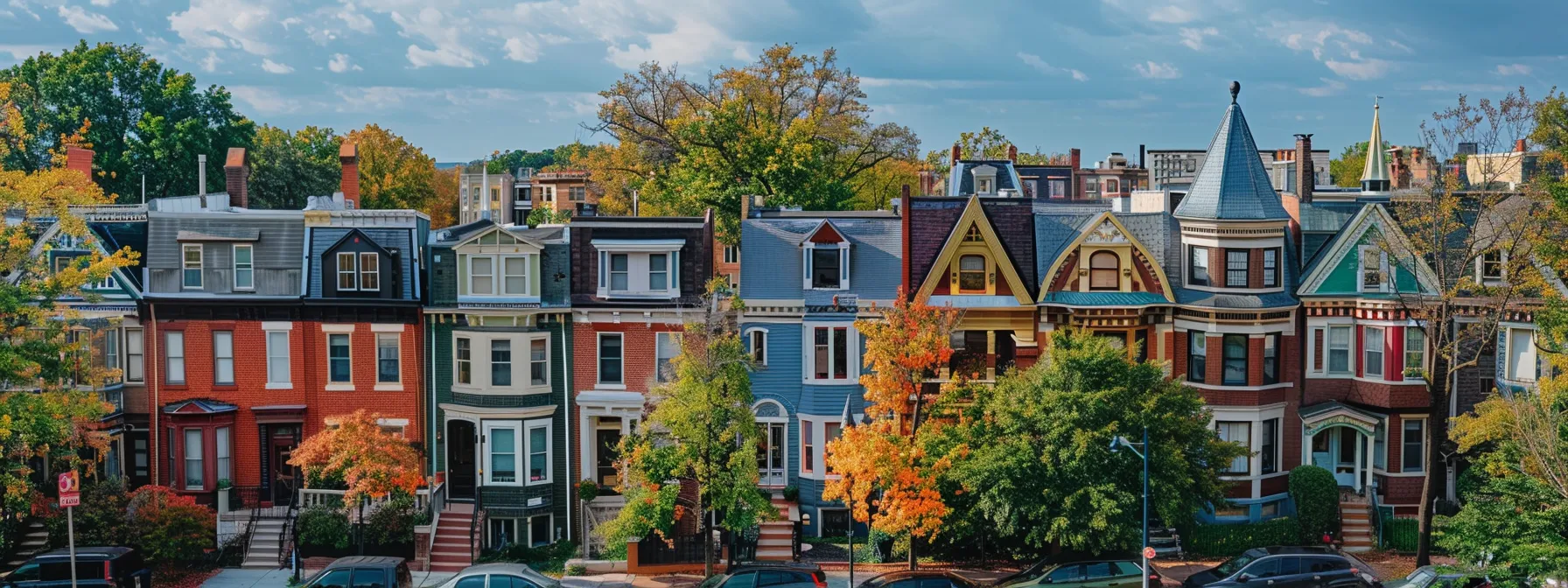 a row of diverse houses, ranging from small to large and single-story to multi-story, showcasing various styles and types, with some featuring luxury add-ons like deluxe showers and enhanced utility systems, set against the backdrop of a bustling neighborhood in virginia.