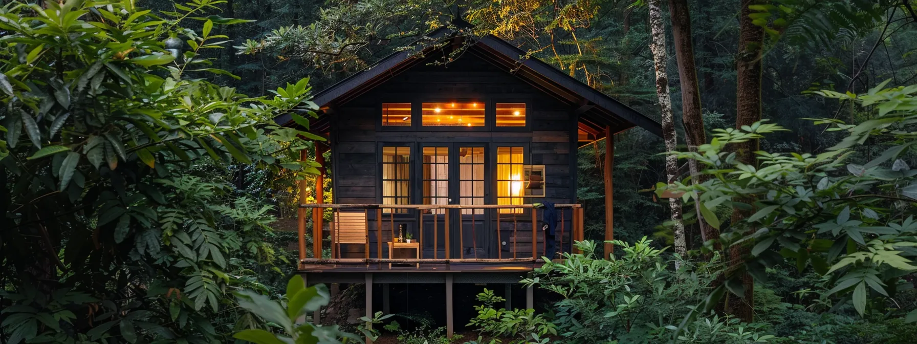 a rustic, cozy tiny house surrounded by lush greenery, showcasing both budget-friendly and high-end features to illustrate the diverse costs associated with construction.