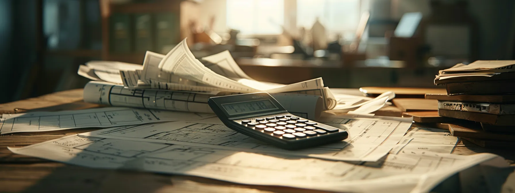 a stack of blueprints and a calculator on a wooden table, surrounded by documents detailing construction loan options and interest rates.