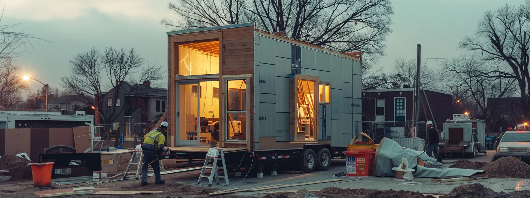 a tiny house under construction, with workers installing roofing, siding, plumbing, and electrical systems, surrounded by piles of materials and tools.