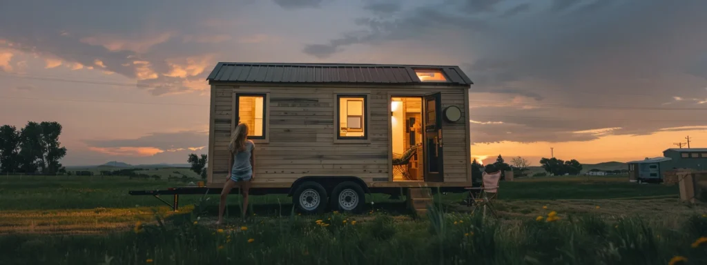 a young woman standing in front of a tiny house on wheels, symbolizing freedom and responsibility in choosing alternative housing options.