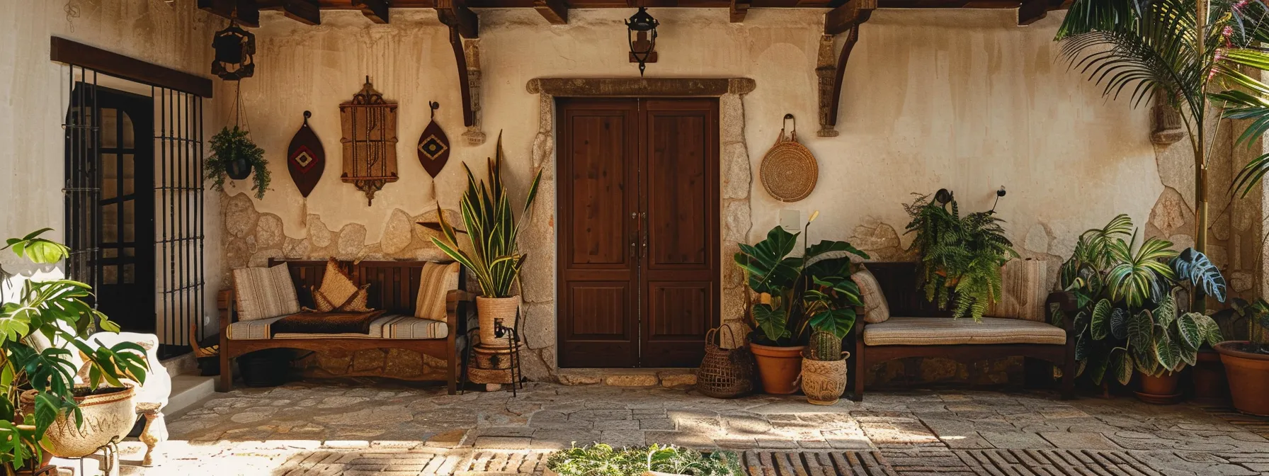 an image of a rustic spanish style house showcasing terracotta tiles, natural wood elements, decorative ceramics, and stone masonry, capturing the authentic and charming aesthetic of traditional materials and textures.