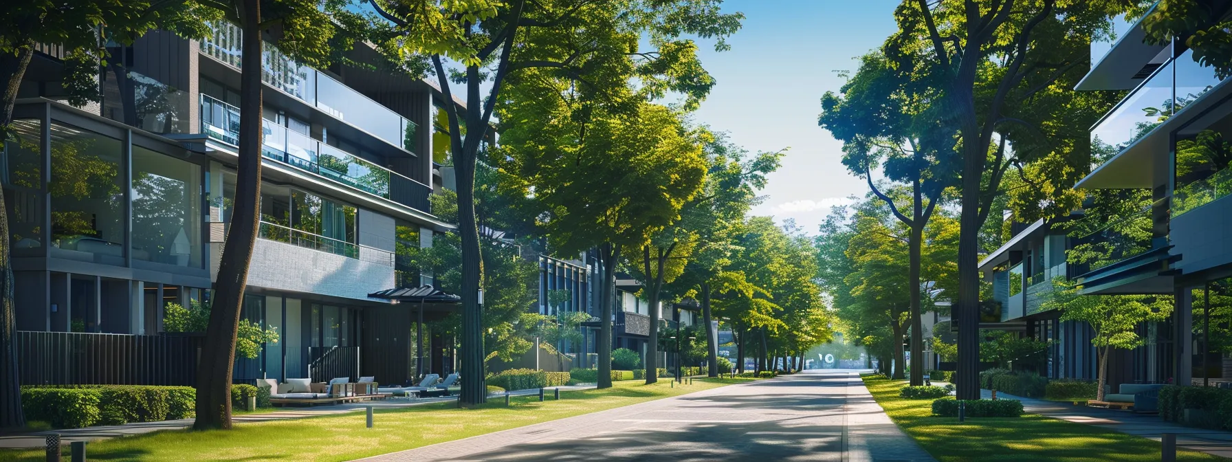 sleek, glass-fronted modern houses lined up along a tree-lined street.