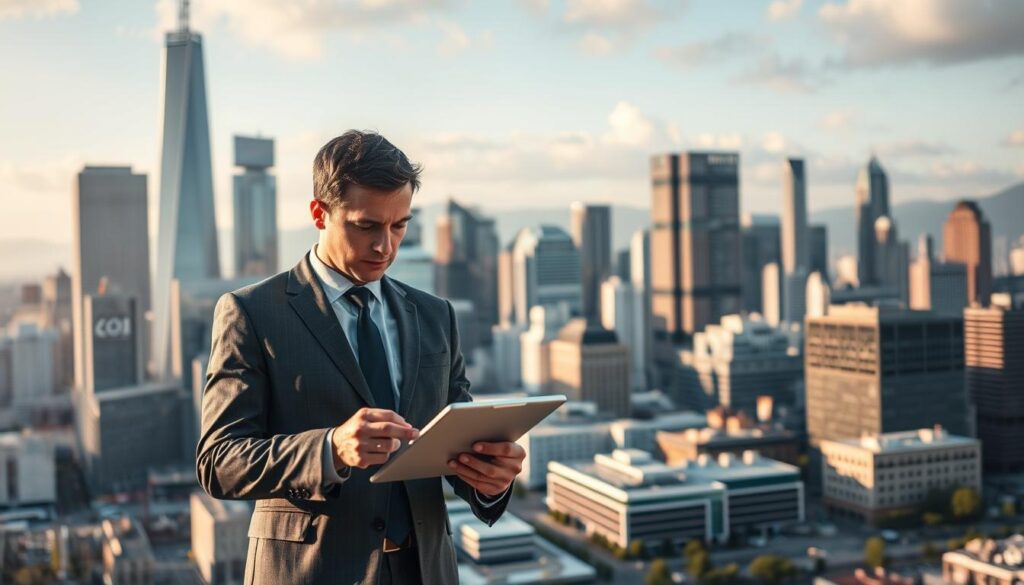 A bustling cityscape with towering skyscrapers and sleek modern architecture fills the frame. In the foreground, a professional investor in a tailored suit examines a tablet, deep in thought as they consider investment strategies. The middle ground showcases a diverse range of commercial properties - gleaming office buildings, bustling retail centers, and state-of-the-art industrial complexes. The background is bathed in warm, golden light, conveying a sense of prosperity and opportunity. Soft shadows and a shallow depth of field create a cinematic, immersive atmosphere, drawing the viewer into the world of savvy commercial real estate investment.