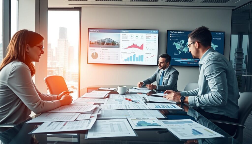 A commercial real estate due diligence process unfolds in a well-lit, modern office setting. In the foreground, a team of professionals review paperwork, financial documents, and property inspection reports spread out on a sleek, glass conference table. Midground features a wall-mounted digital display showcasing property details, market analysis, and risk assessment data. In the background, large windows overlook a bustling cityscape, conveying a sense of thoughtful consideration and robust decision-making. The atmosphere is one of meticulous analysis, strategic planning, and a commitment to mitigating risks for a successful commercial real estate investment.
