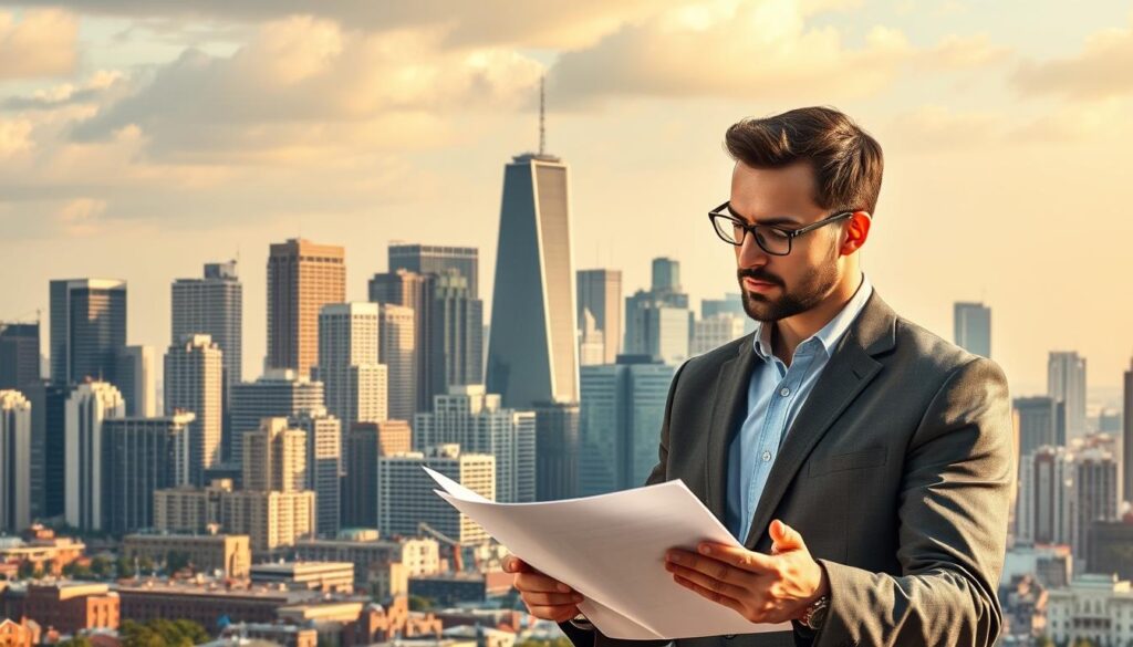A commercial real estate investment portfolio, showcased against a backdrop of a bustling city skyline. In the foreground, a finance professional examines documents, contemplating various financing options - bank loans, private equity, crowdfunding, or government incentives. The midground features an array of commercial property types, from office towers to retail complexes and industrial warehouses, each representing potential investment opportunities. The background is illuminated by warm, golden lighting, conveying a sense of prosperity and opportunity in the world of commercial real estate financing.