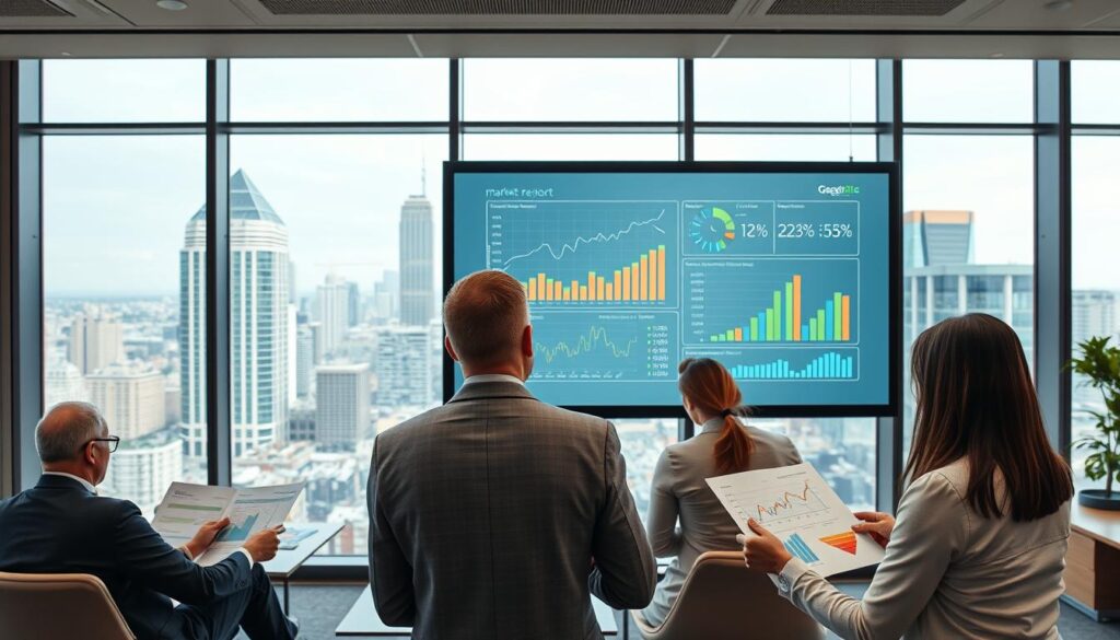 A contemporary commercial real estate office, with sleek floor-to-ceiling windows overlooking a bustling city skyline. In the foreground, a team of professionals pore over market reports and data visualizations, analyzing trends and insights. The middle ground features a large interactive touchscreen display, with dynamic charts and graphs showcasing key metrics. The background is punctuated by modern furniture, indirect lighting, and a sense of collaborative energy. The overall atmosphere conveys a professional, high-tech environment where strategic decisions are made to navigate the ever-evolving commercial real estate landscape.