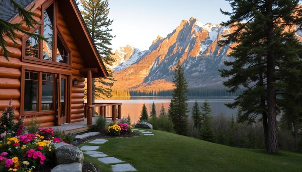 A cozy vacation home nestled in a lush, mountainous landscape. The exterior features a warm, rustic aesthetic with wooden siding, a wraparound porch, and large windows that invite natural light. In the foreground, a well-manicured garden with vibrant flowers and a stone pathway leads to the entrance. The middle ground showcases a tranquil lake reflecting the surrounding pines, while the background is dominated by towering, snow-capped peaks bathed in golden hour light. The scene evokes a sense of peaceful seclusion, perfect for a relaxing getaway or investment property.