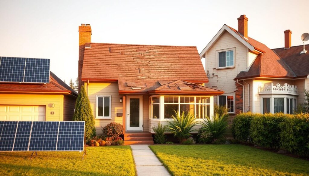 A detailed architectural rendering of a residential property, showcasing various home improvement projects and their depreciation over time. In the foreground, a newly installed solar panel system, a fresh coat of paint, and a newly landscaped yard. In the middle ground, an addition to the home, such as a sunroom or a porch, partially obscured by the aging roofing and deteriorating siding. In the background, an older section of the house, with visible wear and tear on the exterior, highlighting the gradual depreciation of the property's improvements. The scene is illuminated by soft, warm lighting, creating a contemplative and informative atmosphere, suitable for illustrating the concept of depreciation in real estate.