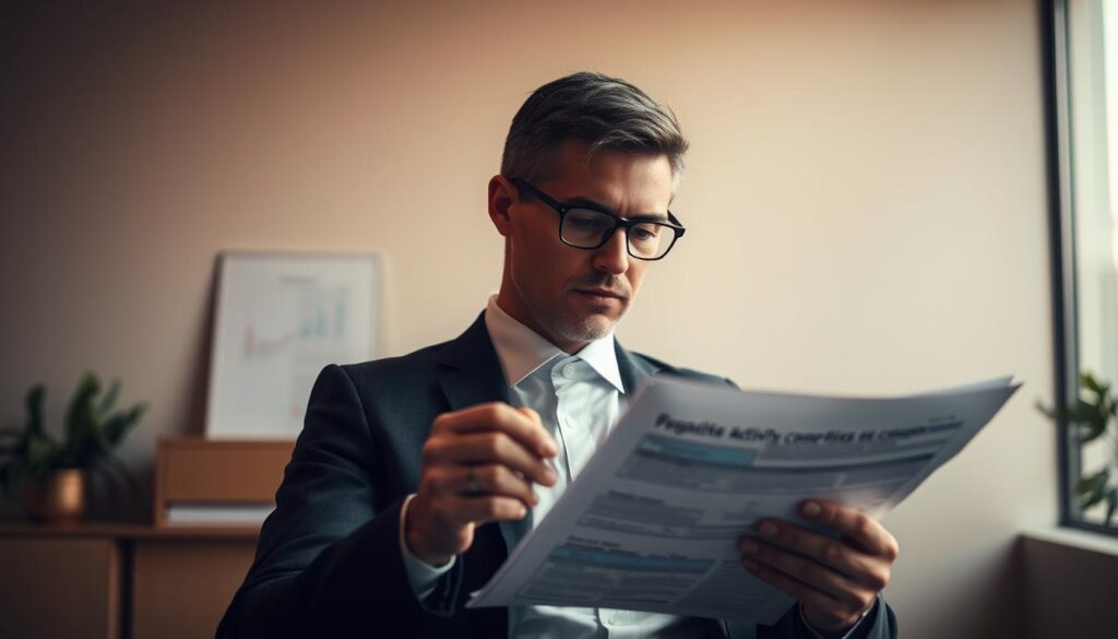 A minimalist office setting with a businessman reviewing tax documents and compliance forms. Warm, diffused lighting casts a pensive mood, highlighting the intricate details of the paperwork. The frame is composed to emphasize the central task at hand, with muted background elements suggesting the broader context of financial obligations. Subtle textures and neutral tones evoke a sense of professionalism and attention to detail required for passive activity loss compliance.