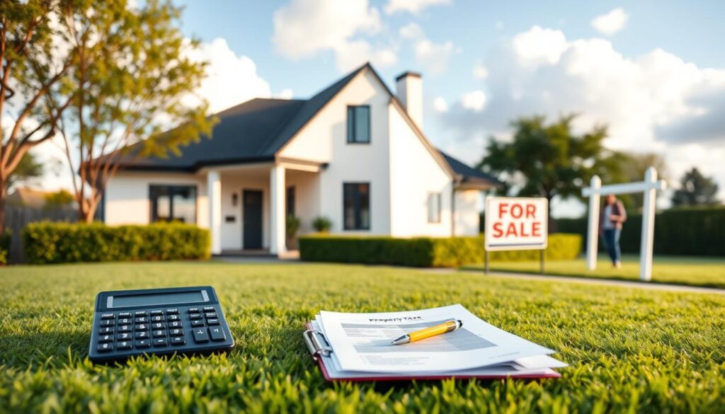 A modern, minimalist home with a well-manicured lawn and a neatly trimmed hedge. In the foreground, a calculator, a clipboard, and a few documents representing property tax calculations. In the middle ground, a smiling person standing beside a "For Sale" sign, suggesting strategies to reduce property taxes. The background features a clear blue sky with fluffy white clouds, conveying a sense of serenity and financial well-being. Soft, warm lighting illuminates the scene, creating a peaceful and inviting atmosphere. The overall composition emphasizes the importance of understanding and effectively managing property tax responsibilities.