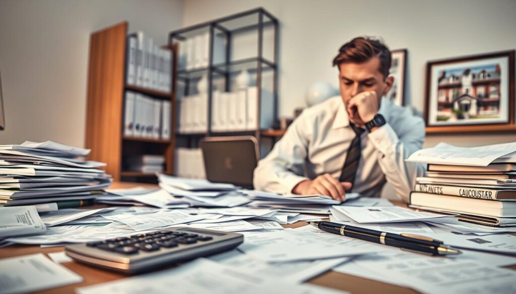 A modern office setting with a businessman working at a desk, surrounded by scattered receipts, invoices, and financial documents. The lighting is soft and warm, creating a contemplative atmosphere. In the foreground, a calculator and a pen are placed haphazardly, suggesting a frustrating attempt to reconcile the accounts. In the background, a bookshelf filled with accounting ledgers and a framed image of a home, representing the real estate focus of the article. The overall scene conveys the common pitfalls and mistakes that can occur in depreciation accounting, with the businessman's pensive expression hinting at the importance of avoiding such errors.