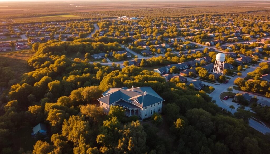 A serene aerial view of the Babcock Ranch community in Florida, showcasing the lush, sprawling landscape. In the foreground, a modern residential home nestled among verdant trees and greenery, bathed in warm, golden sunlight. The middle ground reveals neatly organized neighborhoods, with homes and streets blending seamlessly into the natural surroundings. In the background, the iconic Babcock Ranch water tower stands tall, a symbol of the community's commitment to sustainability. The overall atmosphere conveys a sense of tranquility and harmonious coexistence between the built environment and the natural world.