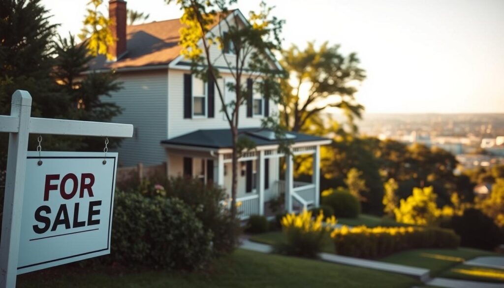 A serene home nestled among lush greenery, the perfect canvas for a passive real estate journey. In the foreground, a "For Sale" sign stands tall, inviting potential investors to take their first steps. The middle ground showcases a well-maintained, two-story house with a charming front porch, bathed in warm, golden sunlight. In the background, a tranquil cityscape unfolds, hinting at the opportunities that await. The scene conveys a sense of peace, stability, and the promise of a lucrative investment. Soft, diffused lighting creates a welcoming atmosphere, setting the stage for a successful passive real estate venture.