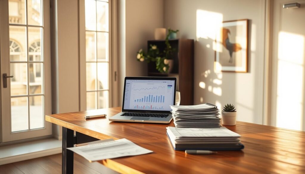 A serene home office with a clean, minimalist aesthetic. Warm natural lighting filters through large windows, casting a soft glow on a sturdy wooden desk. On the desk, a laptop displays charts and graphs, accompanied by a stack of financial documents - a visual representation of navigating the complexities of depreciation recapture strategies. The walls are adorned with simple, abstract artwork, reinforcing the tranquil, professional ambiance. Subtle details, such as a succulent plant and a well-organized stationery set, enhance the sense of thoughtful organization. The overall scene conveys a sense of focus, expertise, and the careful consideration required when managing depreciation in real estate transactions.