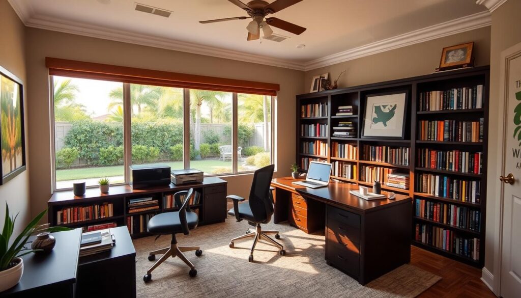 A spacious, well-lit home office with a large desk, ergonomic chair, and numerous bookshelves filled with organized files and reference materials. The room features warm, natural lighting from large windows overlooking a lush, green backyard in the affluent Babcock Ranch community. Sleek, modern technology like a laptop, printer, and smart speaker are neatly arranged on the desk. The walls display tasteful artwork and motivational decor, creating a professional yet comfortable atmosphere ideal for productive work and potential tax deductions.