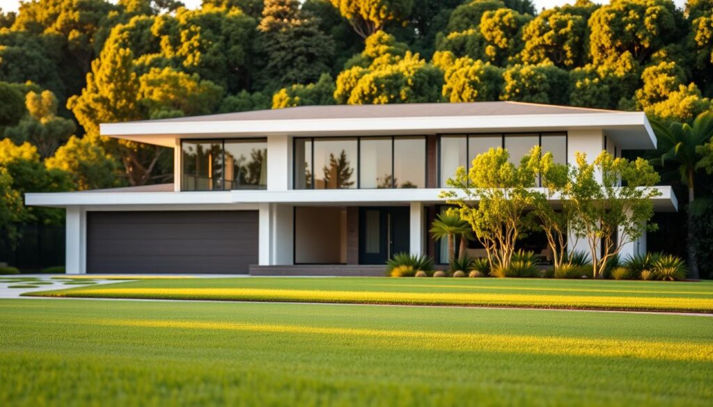 A striking exterior view of a modern, luxurious home in Babcock Ranch, showcasing its capital improvements and increased property value. The foreground features a pristine, well-manicured lawn, with a sleek, contemporary residence rising in the middle ground. Large, energy-efficient windows, a stylish roof, and a spacious porch create an inviting, high-end aesthetic. The background is filled with lush, verdant foliage, creating a serene, nature-inspired backdrop. The lighting is warm and golden, casting a soft, welcoming glow over the entire scene. The composition is balanced and visually appealing, highlighting the valuable capital improvements that have enhanced the home's overall value and appeal.