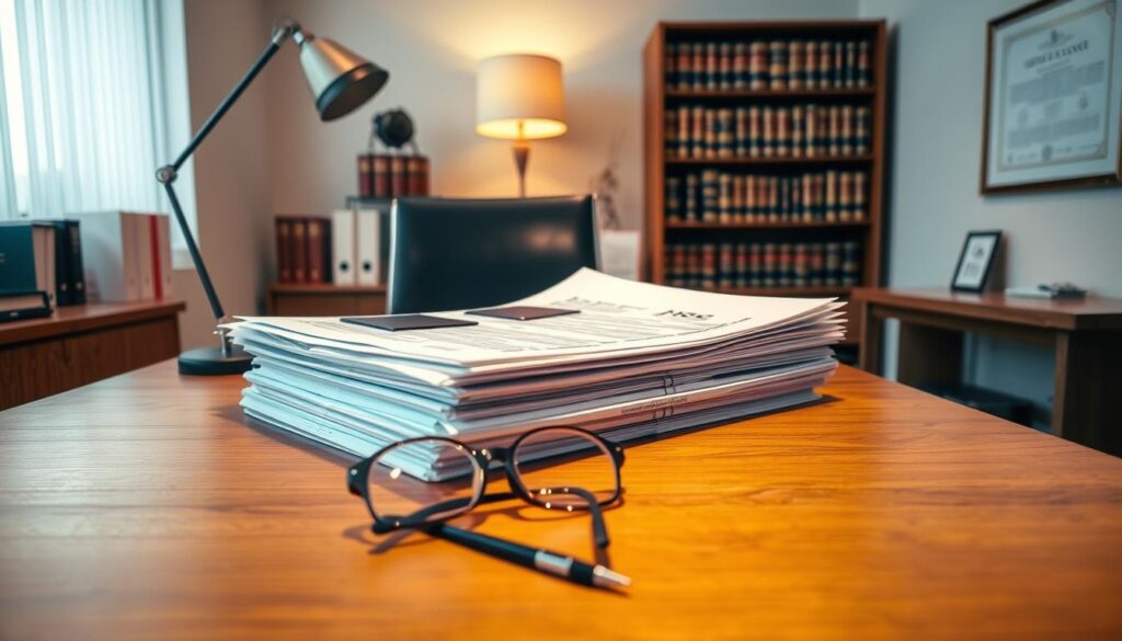 A well-lit, high-angle view of a modern office interior with a wooden desk, a desk lamp, and a stack of neatly organized financial documents. In the foreground, a pair of reading glasses and a pen resting on the desk, conveying a sense of diligence and attention to detail. The background features a bookshelf filled with legal volumes and a framed certificate on the wall, suggesting an environment of compliance and adherence to regulations. The overall atmosphere is one of professionalism, order, and a commitment to meeting IRS guidelines.