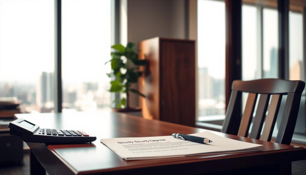 A well-lit office interior with a wooden desk and chair in the foreground. On the desk, a calculator, a pen, and a stack of documents labeled "Security Deposit". In the middle ground, a tall filing cabinet and a potted plant. The background features a large window overlooking a city skyline, with soft, diffused natural lighting filtering in. The overall atmosphere conveys a sense of professionalism and attention to detail, reflecting the careful handling of rental security deposits.