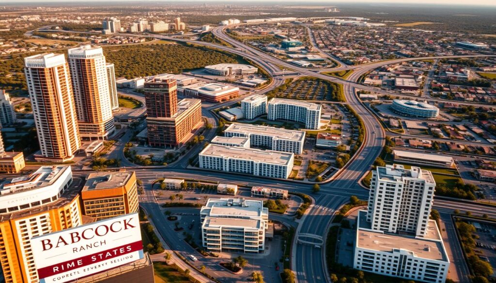 An expansive aerial view of a bustling commercial real estate landscape, showcasing towering skyscrapers, bustling city streets, and a thriving business district. The foreground features a prominent real estate sign with the Babcock Ranch Homes logo, highlighting the prime location and market trends. In the middle ground, a sea of modern office buildings and retail complexes, each reflecting the diverse range of commercial properties. The background captures the broader urban environment, with winding roads, lush green spaces, and a vibrant community. The scene is illuminated by warm, golden-hued natural lighting, conveying a sense of prosperity and opportunity in the world of commercial real estate investment.