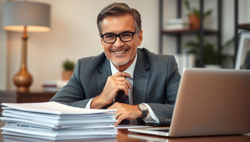 An expertly-lit close-up portrait of a knowledgeable financial advisor in a tailored suit, sitting at a desk with a warm, thoughtful expression, a stack of documents and a laptop visible in the foreground, creating an atmosphere of trusted, specialized guidance for a 1031 exchange transaction. The background is softly blurred, suggesting a professional office setting with subtle decor elements.