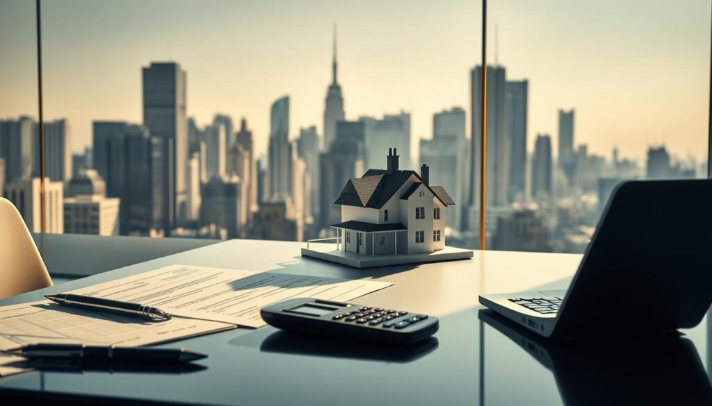 Detailed architectural rendering of a depreciation recapture and boot concept. In the foreground, a modern office desk with financial documents and a calculator, reflecting the analytical nature of the subject matter. In the middle ground, a three-dimensional model of a residential property, symbolizing the real estate aspect. The background features a cityscape with towering skyscrapers, conveying the complex financial and legal landscape. The lighting is crisp and directional, casting dramatic shadows to emphasize the gravity of the topic. The overall mood is one of thoughtful contemplation, with a sense of balance between the tangible and the abstract.