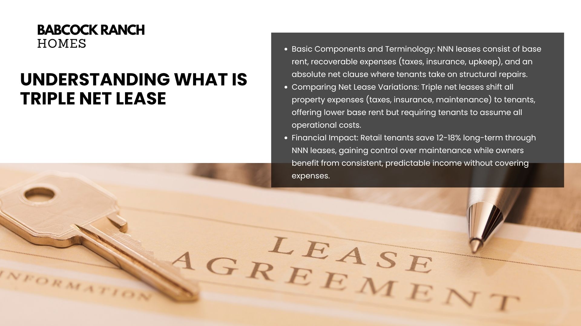 An elegantly composed illustration showcasing the core components of a triple net lease agreement. In the foreground, a modern office building stands prominently, representing the leased property. Surrounding it, three distinct icons symbolize the three key responsibilities of the tenant: property taxes, insurance, and maintenance. The midground features a meticulously detailed lease document, its pages open to reveal the contractual fine print. In the background, a cityscape of skyscrapers and office towers sets the professional, commercial atmosphere. Soft, directional lighting casts shadows that accentuate the architectural forms, while a muted color palette of grays, blues, and neutrals conveys a sense of formality and financial gravity. The overall composition strikes a balance between simplicity and informative detail, creating a visually compelling representation of the triple net lease concept. bobcock ranch homes 0061