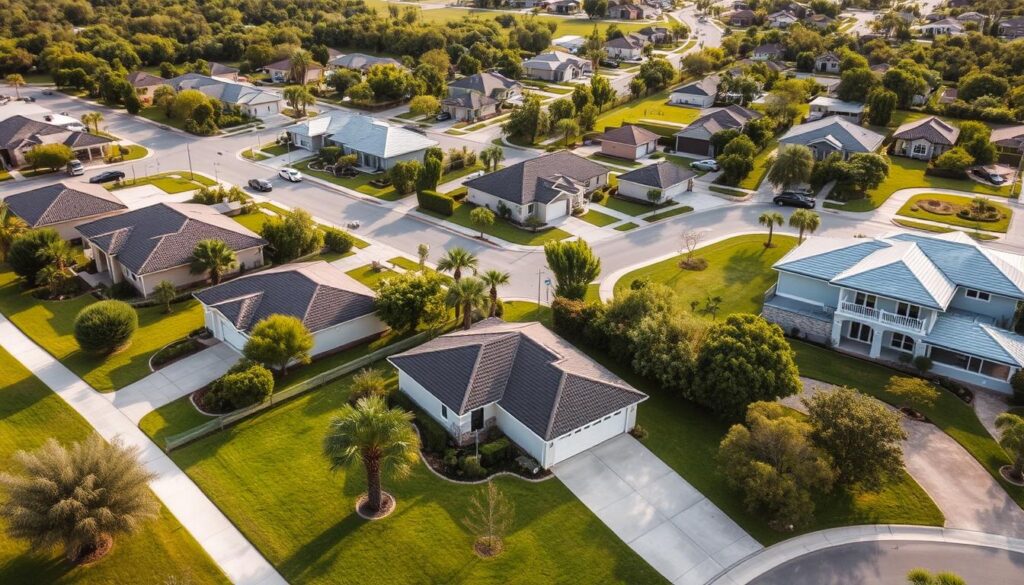 comparable sales examples of properties in Babcock Ranch, with a focus on the middle-class residential homes. a detailed aerial view of a suburban neighborhood, with well-manicured lawns, trees, and a mix of single-story and two-story houses. in the foreground, three houses are highlighted, showcasing their size, architectural styles, and lot sizes. the middle ground features a street with parked cars and pedestrians, providing a sense of scale and activity. the background should include the lush greenery and natural surroundings that characterize the Babcock Ranch community. the lighting should be warm and natural, creating a welcoming and inviting atmosphere.