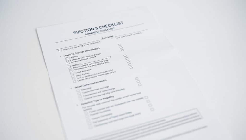A clean and well-organized legal document checklist, set against a soft, neutral background. The checklist is presented in a clear, structured format, with various form fields and tick boxes to indicate compliance. The lighting is gentle, creating a professional and authoritative atmosphere. The document is captured at a slightly elevated angle, emphasizing its importance. The overall mood conveys a sense of diligence, attention to detail, and adherence to legal requirements - crucial elements in the eviction process.